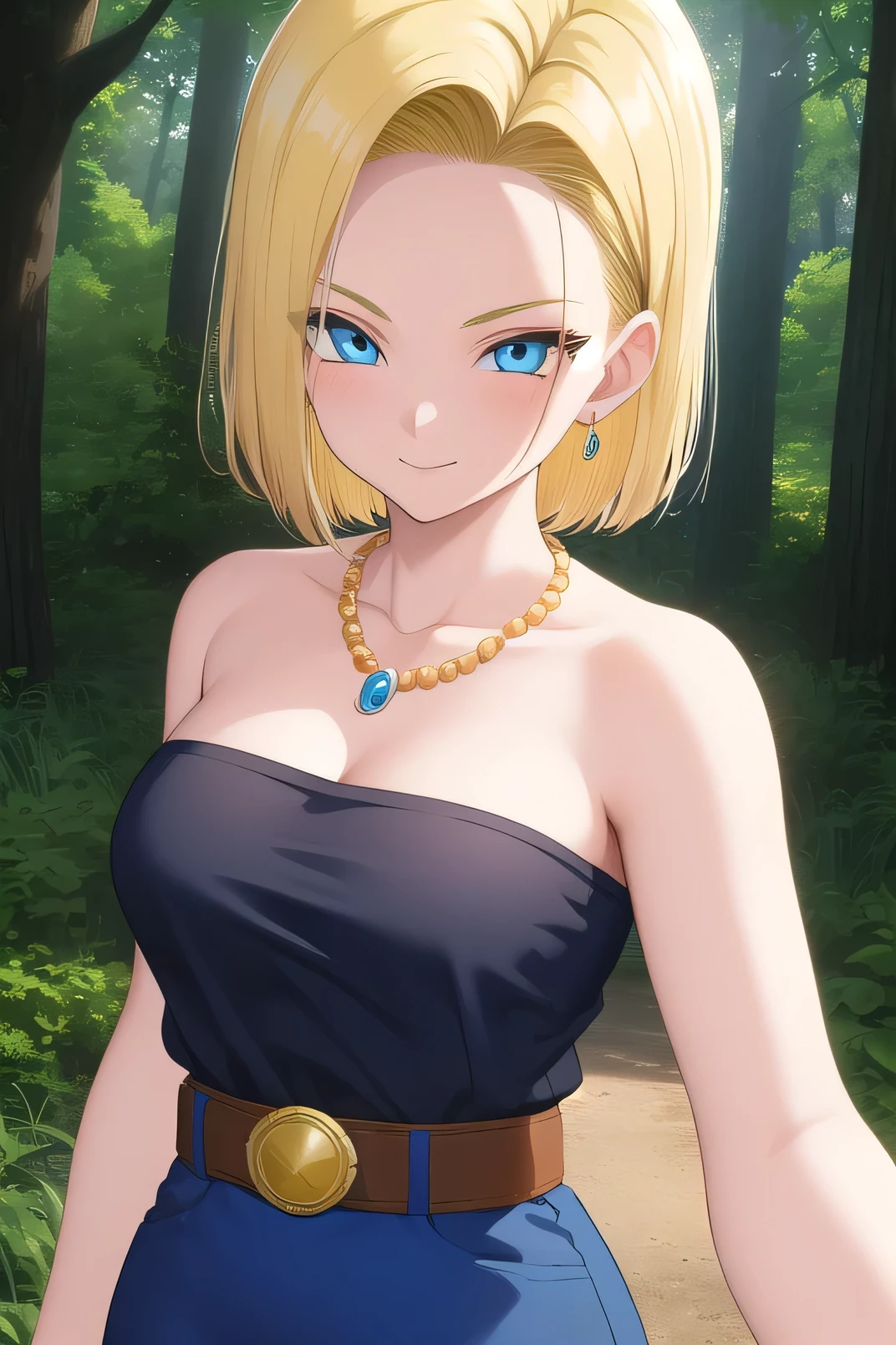 android 18, 1girl, solo, blue eyes, short hair, blonde hair, bead necklace, strapless, black shirt, blue pencil skirt, bare shoulders, medium breast, gold belt, smile, closed mouth, cowboy shot, forest, outdoor, (insanely detailed, beautiful detailed face, masterpiece, best quality) cinematic lighting,