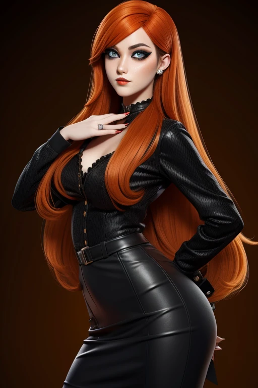 Orange long hair Emo Pin up Girl, Black Faux, Lustrous zomp eyes, Striking a pose, natural make up.