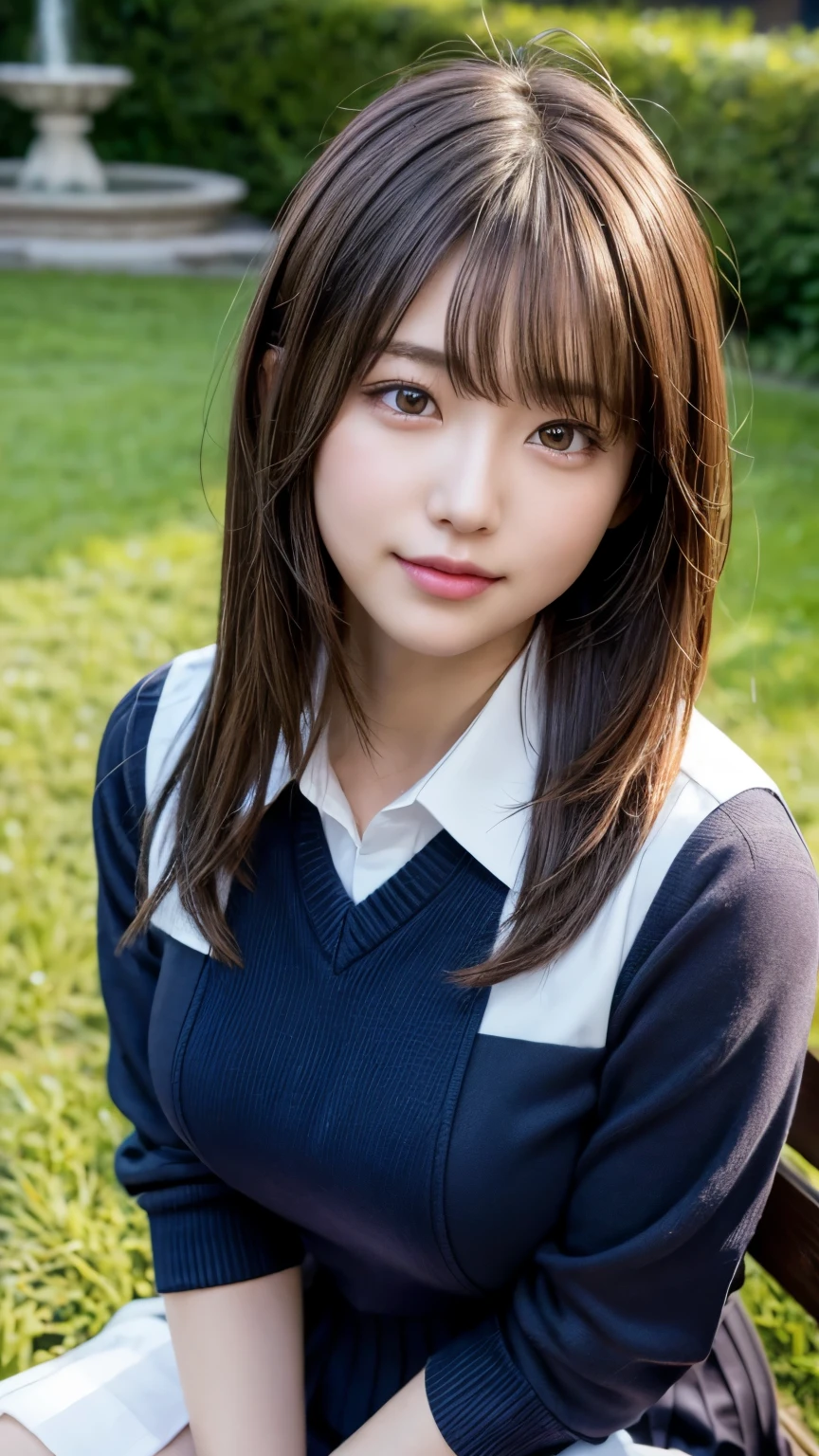 8k,highest quality, Tabletop, Ultra-detailed, 超A high resolution, Realistic, RAW Photos, Absurd, The absolute solution, One Girl, alone,Upper Body, (View your viewers),Young and pretty girl in Japan,Super cute face, Attractive person, Quite large breasts, Long Bob Hair ,smile,(school uniform:1.3), She is sitting on a bench in a park with a fountain, Glossy Lips, Double eyelids on both eyes, Beautiful fine details,Natural Makeup, Long eyelashes, 光沢のある滑らかなライトブラウンのLong Bob Hair, Asymmetrical bangs, Shiny skin, Center image, High resolution, Attention to detail, Detailed hairstyle, Detailed face, Great cinema lighting, Octane Rendering, Vibrant, Ultra-realistic, Perfect limbs, Perfect Anatomy