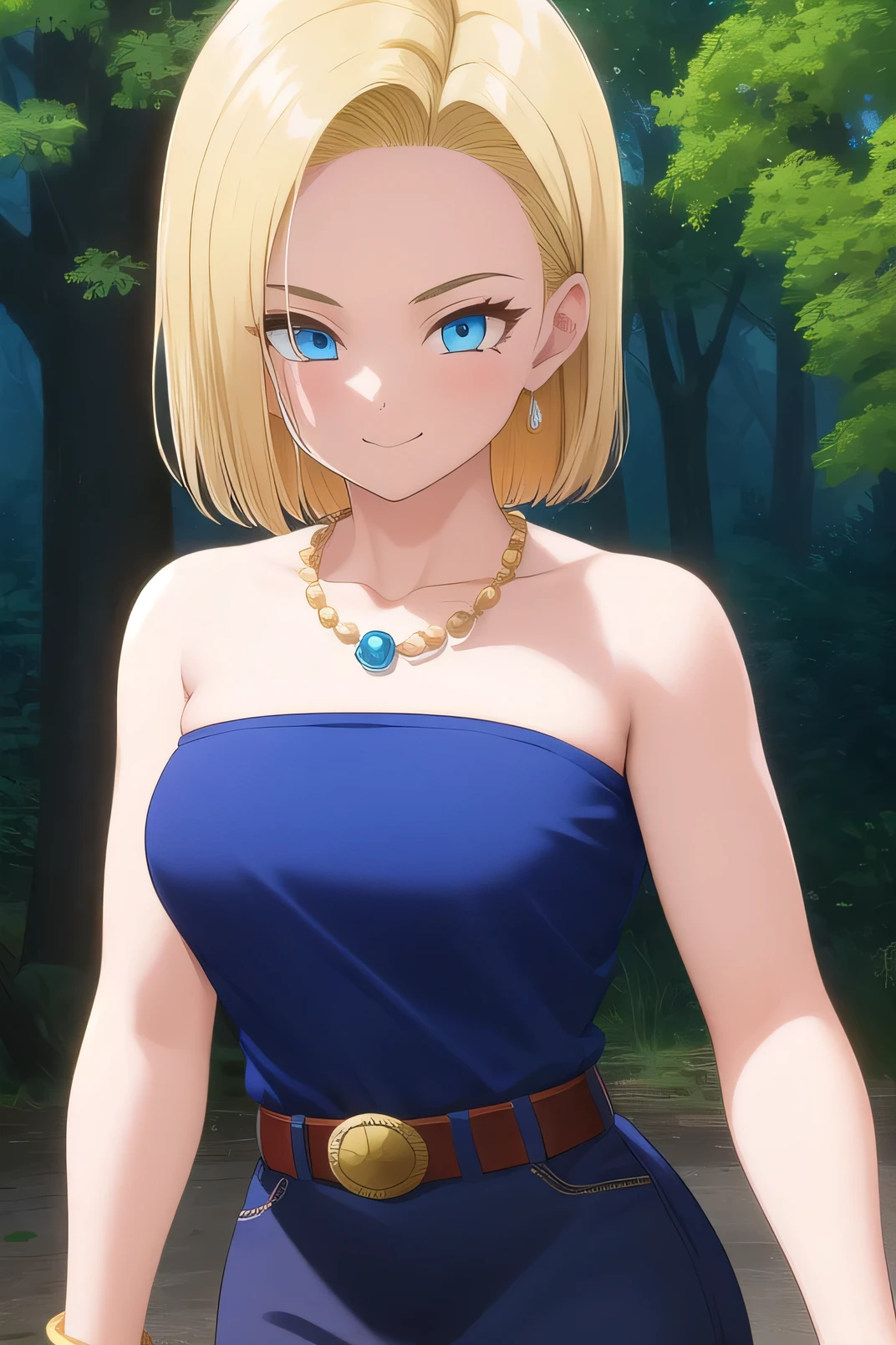 android 18, 1girl, solo, blue eyes, short hair, blonde hair, bead necklace, strapless, black shirt, blue pencil skirt, bare shoulders, medium breast, gold belt, smile, closed mouth, cowboy shot, forest, outdoor, (insanely detailed, beautiful detailed face, masterpiece, best quality) cinematic lighting,