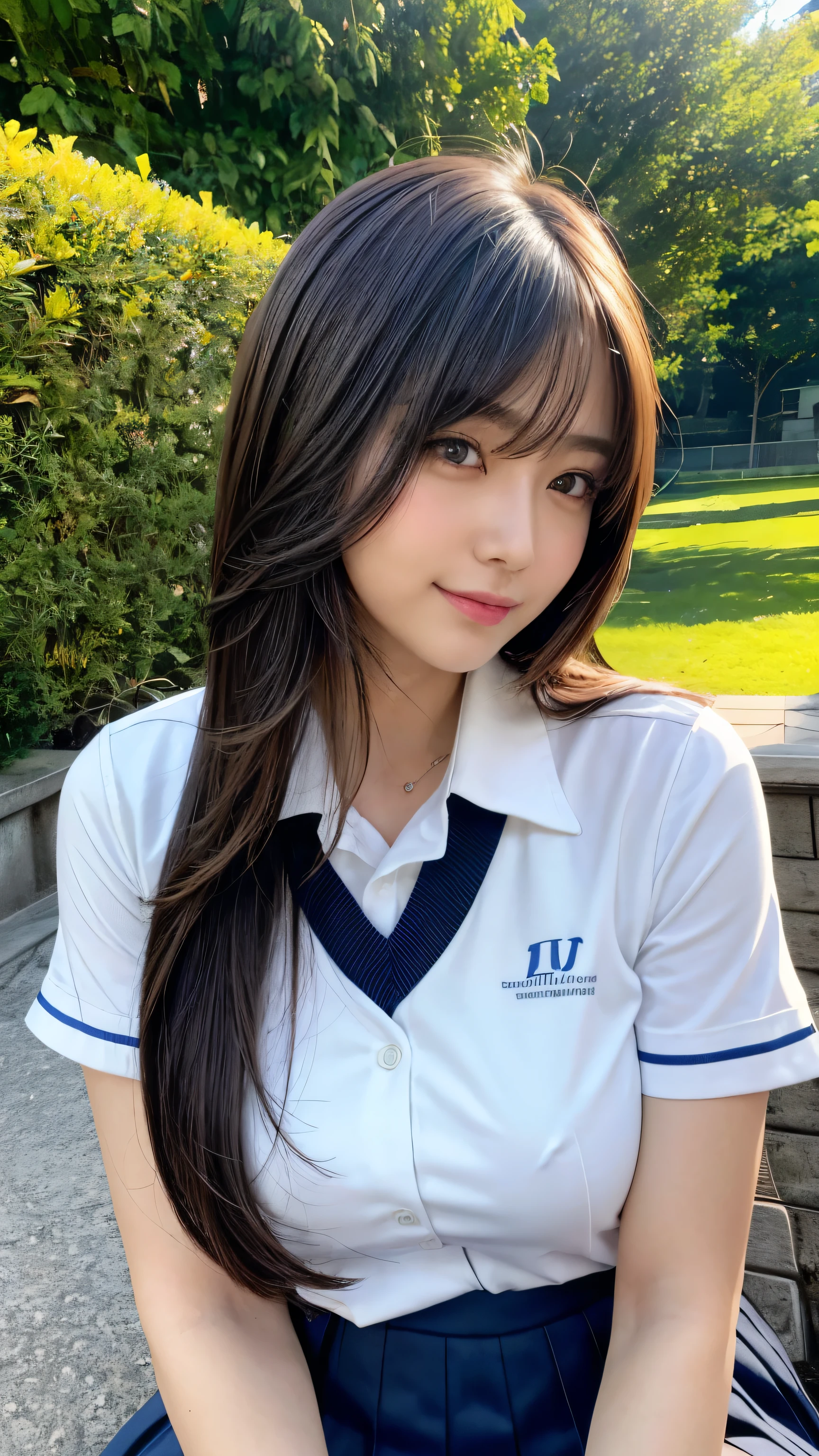 8k,highest quality, Tabletop, Ultra-detailed, 超A high resolution, Realistic, RAW Photos, Absurd, The absolute solution, One Girl, alone,Upper Body, (View your viewers),Young and pretty girl in Japan,Super cute face, Attractive person, Quite large breasts, Long Bob Hair ,smile,(school uniform:1.3), She is sitting on a bench in a park with a fountain, Glossy Lips, Double eyelids on both eyes, Beautiful fine details,Natural Makeup, Long eyelashes, Shiny and smooth light brown long bob hair, Asymmetrical bangs, Shiny skin, Center image, High resolution, Attention to detail, Detailed hairstyle, Detailed face, Great cinema lighting, Octane Rendering, Vibrant, Ultra-realistic, Perfect limbs, Perfect Anatomy