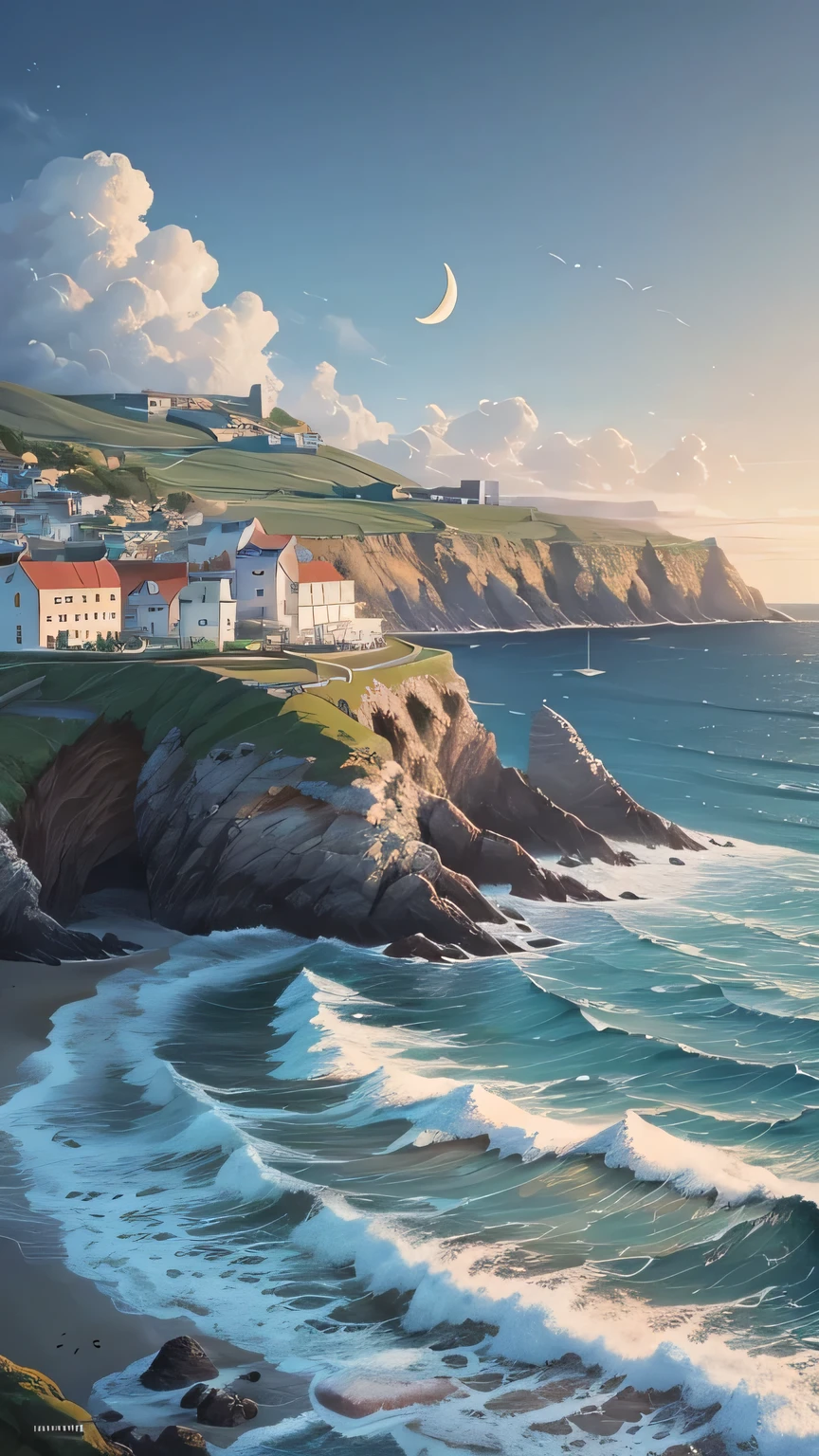 In the early morning, a crescent moon hangs in the sky over a coastline adorned with a gentle blue sea and fluffy white clouds. Nestled beside the coastline is a picturesque little town. The painting depicts the tranquility and serenity of the coastal scene. The medium used is an oil painting that highlights the vibrant colors and intricate details of the scenery. The high-quality artwork boasts excellent resolution and precise brushstrokes, providing a realistic and photorealistic representation. The lighting is soft and illuminates the landscape beautifully, casting gentle shadows on the town and the coastline. The overall color scheme exudes a sense of calm and peace, with hints of pale blues, whites, and earth tones. The level of detail in the artwork is exceptional, capturing the intricacies of the rolling waves, the textures of the clouds, and the architectural beauty of the town. The painting showcases the beauty of nature and the harmonious coexistence of the coastal landscape and the charming town, offering viewers a glimpse into a tranquil and picturesque world.