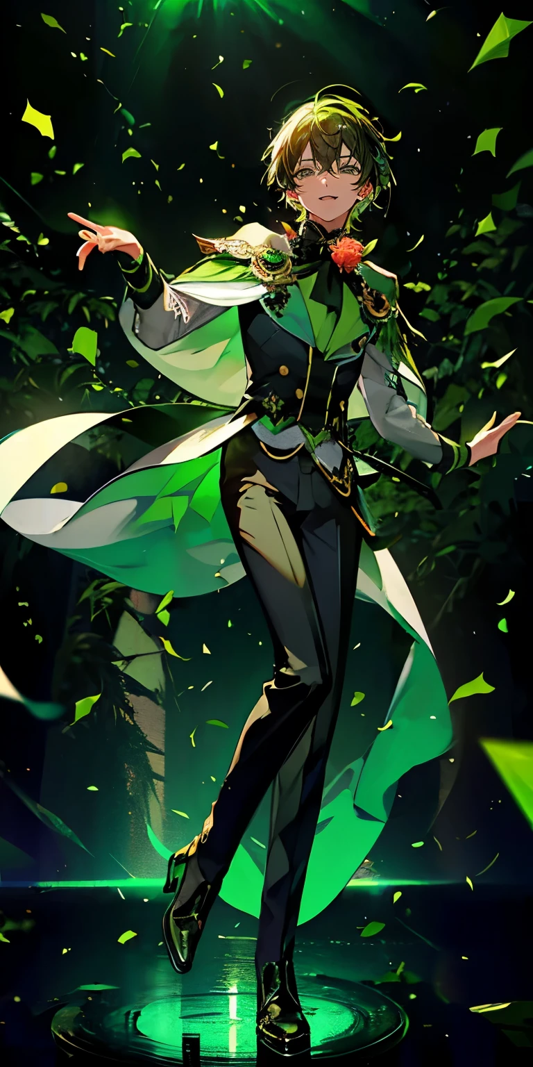 (Mastepiece), (Best Quality), Very detailed, ((1 boy)), Perfect Face, Beautiful Face, Very detailedな顔,((Green Hair_short hair_Green Eyes:1.3)),Full body photography、Male solo idol、Gorgeous idol costumes、Cape、boots、(pants:1.2)、Hold the microphone、Concert Dome、Lots of confetti、(smile:1.4)、(Open your mouth wide)、sing、dance、Wink、Laser light、Spotlight