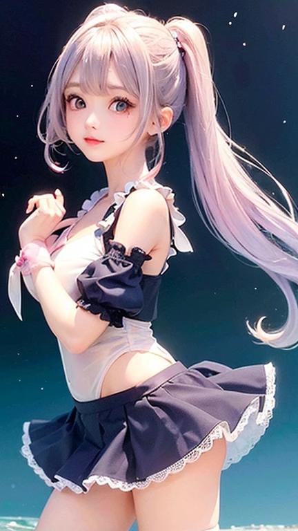 (highest quality, masterpiece), One girl, Rainbow Hair、Twin tails、Pause, particle, Wind, flower, Upper Body, Simple Background, View your viewers, , Milky Way,smile、Turquoise eyes、（Silver Long Hair）、cute、Twin taililky way、Crescent Moon、、((flower柄、pink、Semi-transparent sailor suit、Her breasts are visible through her eyes.、Stylish lace mini skirt,Translucent swimsuit))、、Garternel