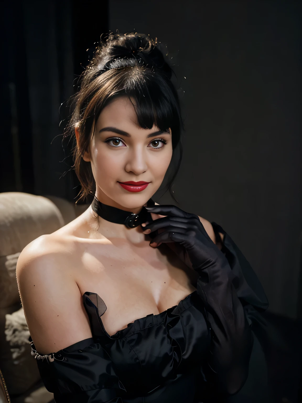 Magazine style photo of a smiling flirting with the camera Bettie page with black bun hair wearing a black 1900s off-the-shoulder ball dress and high black gloves inspired by Dior and Céline, red lipstick, direct lighting, studio portrait, dark plain background, dynamic pose, beautiful body, 160 cm 50 kg, Soho, shot on Kodak Colorplus 200, film photography, f1.8 50mm lens