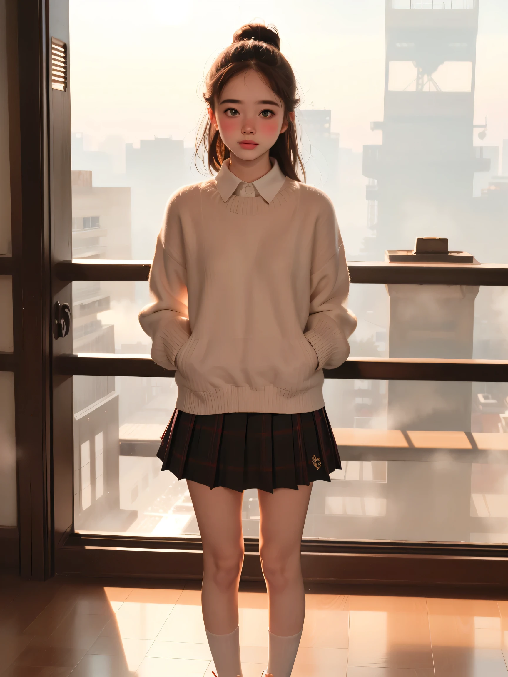 A swedish, American,  german, young woman, 20yo, downtown, in large metropolis, collared shirt, sweater, pleated skirt, chuck taylor shoes, smirk  ((heavy gaussian blur)), ((soft lighting)), (((extremely hazy:1.2))),, (extremely bright), (dreamy atmosphere), bright vivid colors, (blushing:1.2), standing