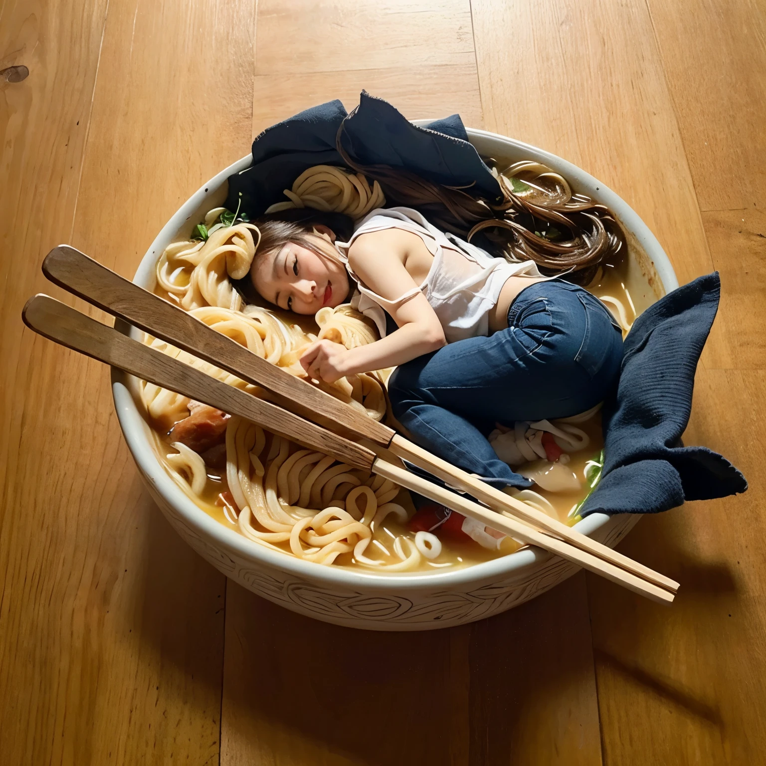 A beautiful Korean mother becomes a ramen mermaid, the mermaid is closed in a ramen bowl, with chopsticks on top of the bowl. Background of mermaid ramen on the table.