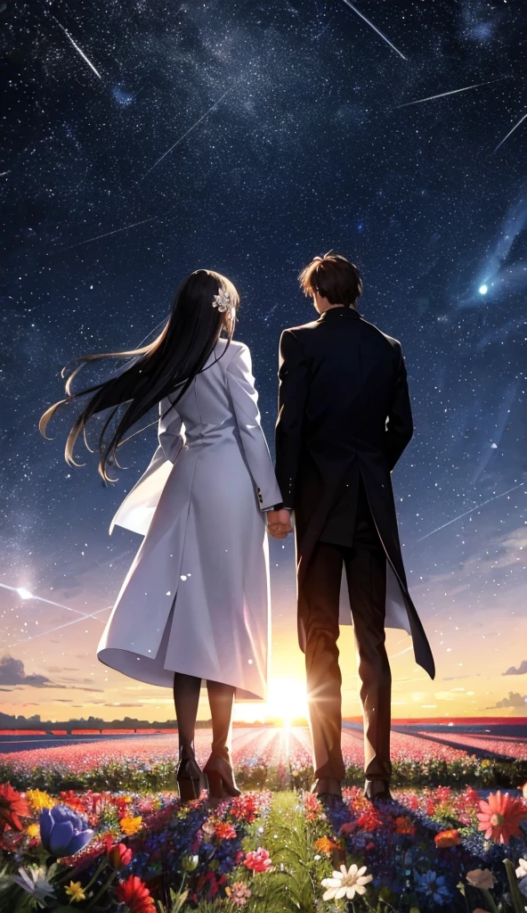 Starry Sky，Animated scene of a couple standing in a flower field,Back view，I can't see facial expressions，The man is wearing a long black coat，The woman is wearing a white long coat