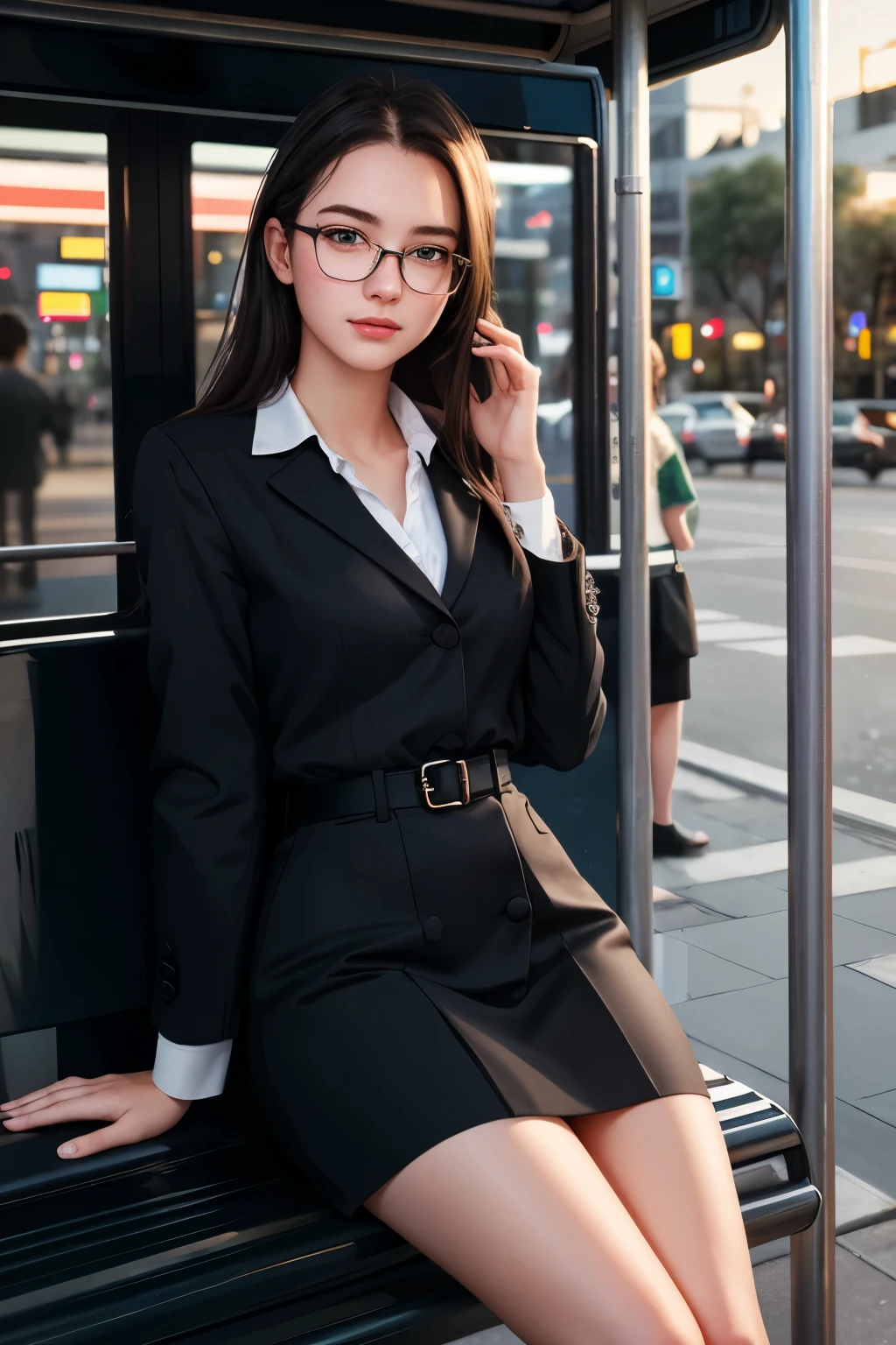 Australian elegant girl, (18 years old), in the bus stop, night, slender, glasses, looking from front, blushing expression, (face and skin details), (masterpiece, best quality, highly detailed, hyper realistic) 
