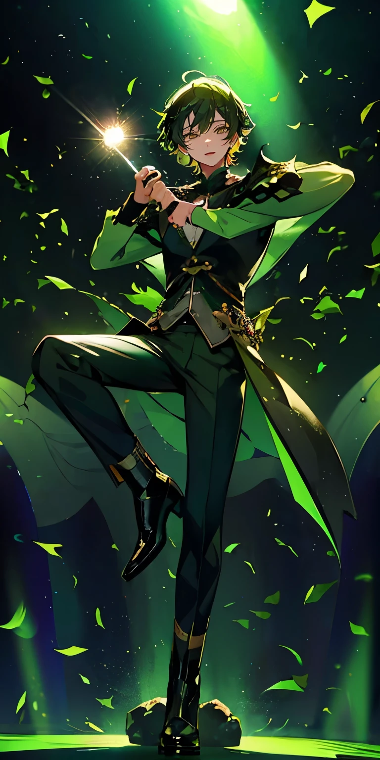 (Mastepiece), (Best Quality), Very detailed, ((1 boy)), Perfect Face, Beautiful Face, Very detailedな顔,((Green Hair_short hair_Green Eyes:1.3)),Full body photography、Male solo idol、Gorgeous idol costumes、Cape、boots、(pants:1.2)、Hold the microphone、Concert Dome、Lots of confetti、(smile:1.4)、(Open your mouth wide)、sing、dance、Wink、Laser light、Spotlight