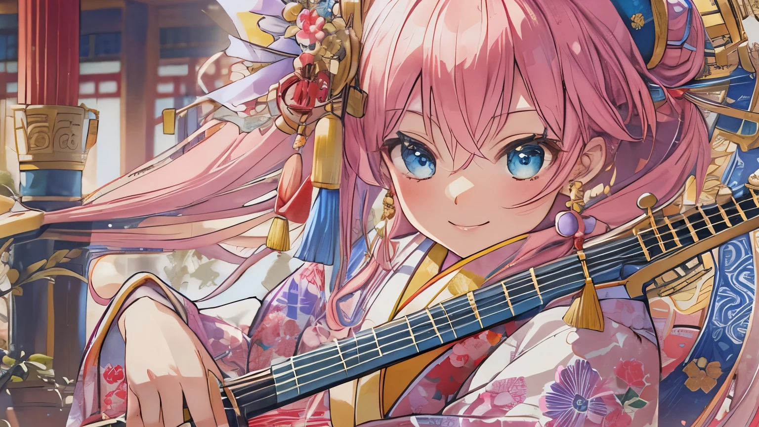 Official Art, unity 8k wallpaper, Super detailed, beautifully、aesthetic, masterpiece, highest quality,A 20 year old beauty, (Beautiful Anime Girls, Detailed face,Bright pink hair and captivating blue eyes, Sit Elegantly. Playing the shamisen,She is wearing a Japanese kimono, radiating elegance and allure. Her smile lights up the room, Complementing her fair and flawless complexion.),Chinese Emperor's Room