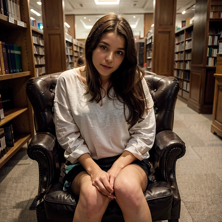 une jeune femme, brune, cheveux longs, 23ans, est ise, dans le fauteuil louis, Library XI, un livre a la main, et rêve de voir, un phantasme, to come true, devant elle, which she will not be able to resist