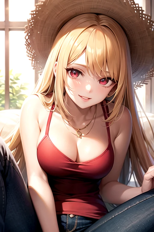 Beautiful anime girl, solo, 1girl, looking at viewer, cute,beautiful, red eyes, open hair, blonde hair, long hair, bangs, wearing a strawhat, Monkey D luffy's strawhat, one piece, smiling, smooth skin, light skin, red lips, golden earings, anime, best quality, masterpiece, extremely detailed, 4k, red eyes, beautiful red eyes, detailed face, detailed eyes, red top, blue jeans, golden necklace