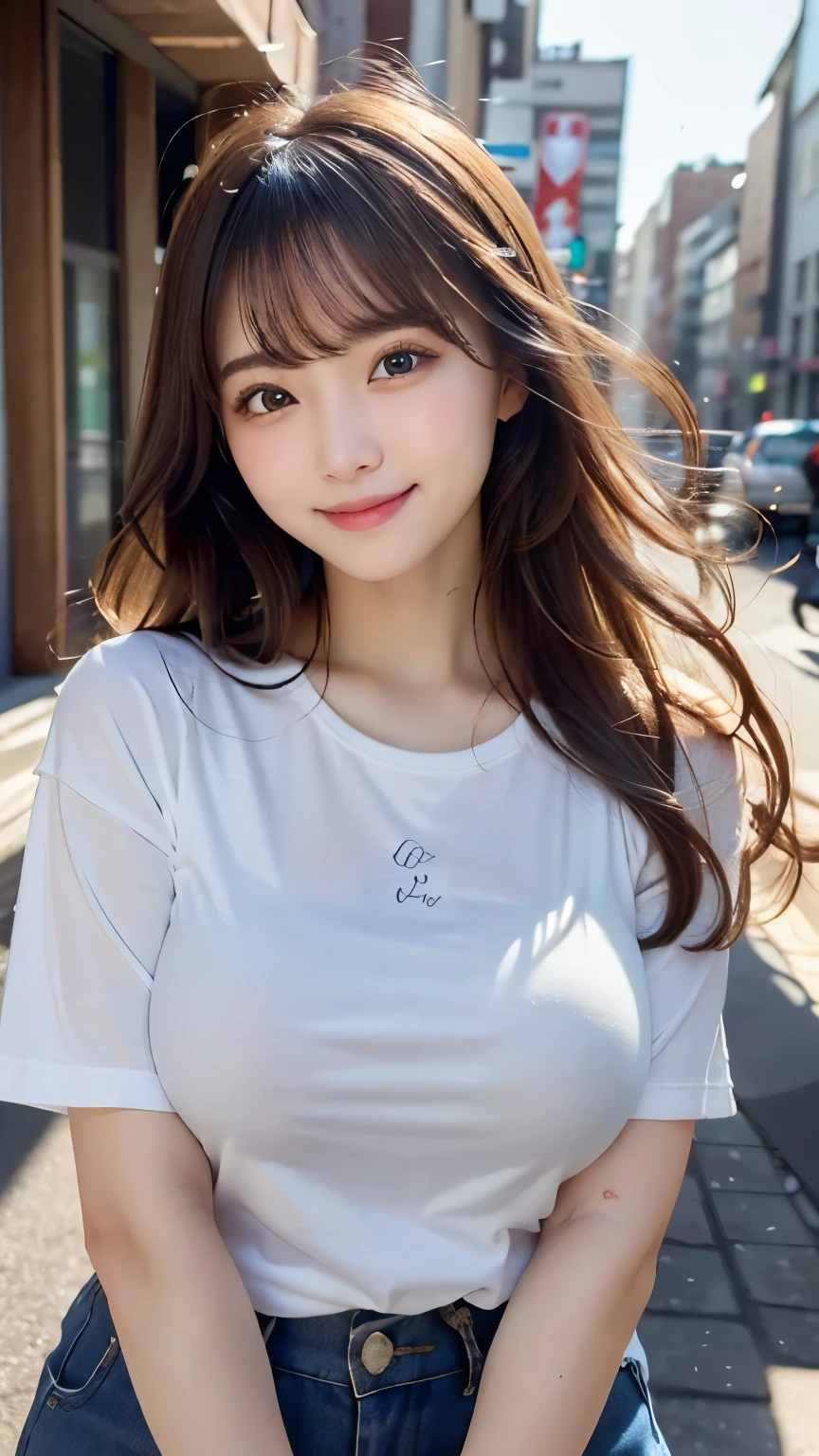 (masterpiece, highest quality: 1.2)、(White skin: 1.3)、(Beautiful Face: 1.3), (超Detailed Background, Detailed Background: 1.3)、Beautiful Japanese Women Photos、Upper body image、(Droopy eyes: 1.3)、Dark brown eyes、Beautiful brown hair、Blunt bangs、Long Hair、((Large Breasts:1.2))、(Oversized T-shirt、Shorts)、(detailed city background:1.2), (Captivating smile:1.15), Perfect female body