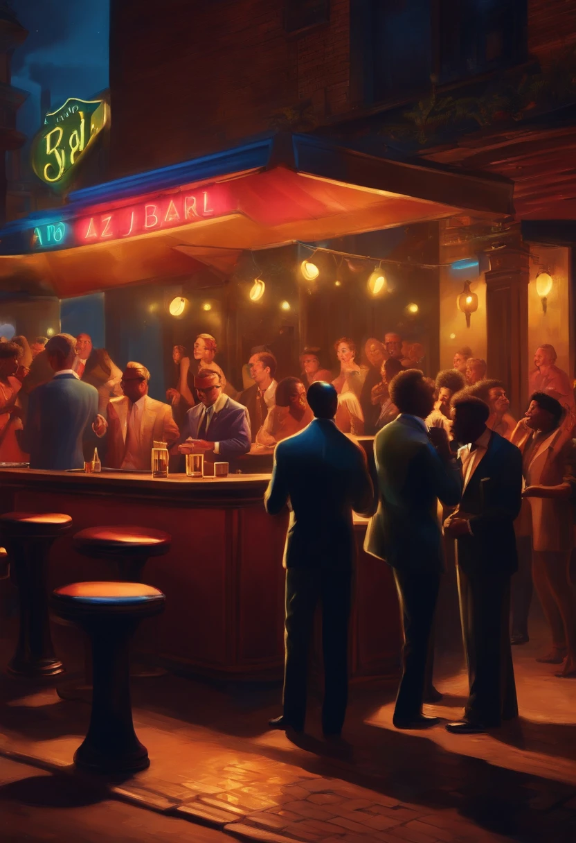 a 80s jazz bar at night with warm light and a jazz band ans people