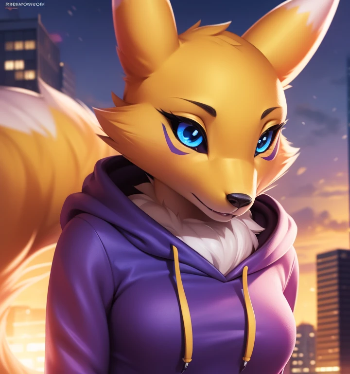 renamon, furry female, anthro, fox girl, portrait, close-up,  (hoodie:1.2),  fur trim, solo, (body fur:1.2), (best quality), (detailed urban background:1.2), dramatic lighting, (detailed fluffy fur:1.1), looking at viewer,