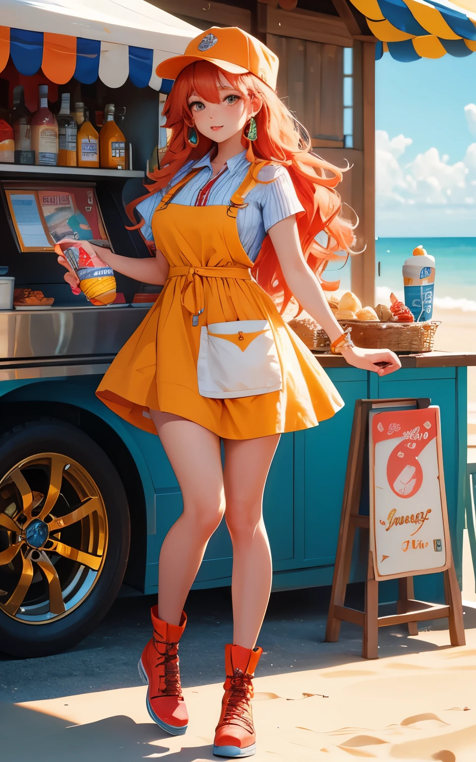 (masterpiece, best quality:1.2), highres, wallpaper, young lady of age 22, vibrant fiery scales, detailed beautiful face, long wavy hair that looks like flames, fire-like patterns on her arms and legs, wearing a quirky ice cream vendor outfit with a cap and apron, holding an ice cream scoop, standing beside an ice cream cart, sandy beach background, full body shot, warm sunlight, dynamic angle, high detail, 8k