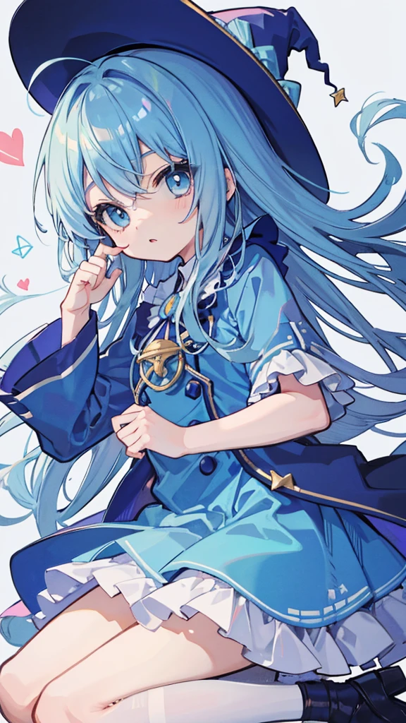 Kiniro mosaic style,kawaii shota,light blue long hair,light blue witch clothes,light blue hat,