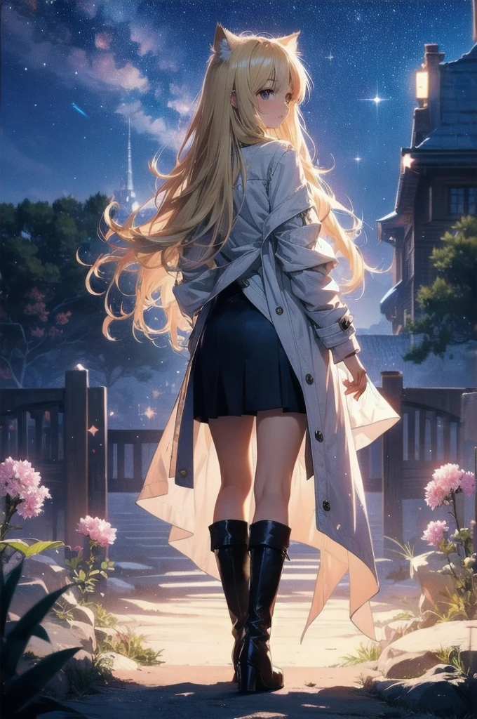 1 female,Cat ear，Blonde long hair， Wide Shot, Back view, silhouette， Knee-high boots，Long coat,High resolution,cosmic starry sky，Flower Field，(Unbelievably absurd),Anime Visual,Highly detailed CG Unity 8k wallpaper, ((masterpiece)), ((highest quality)), (Beautiful illustrations), ((Very delicate and beautiful))