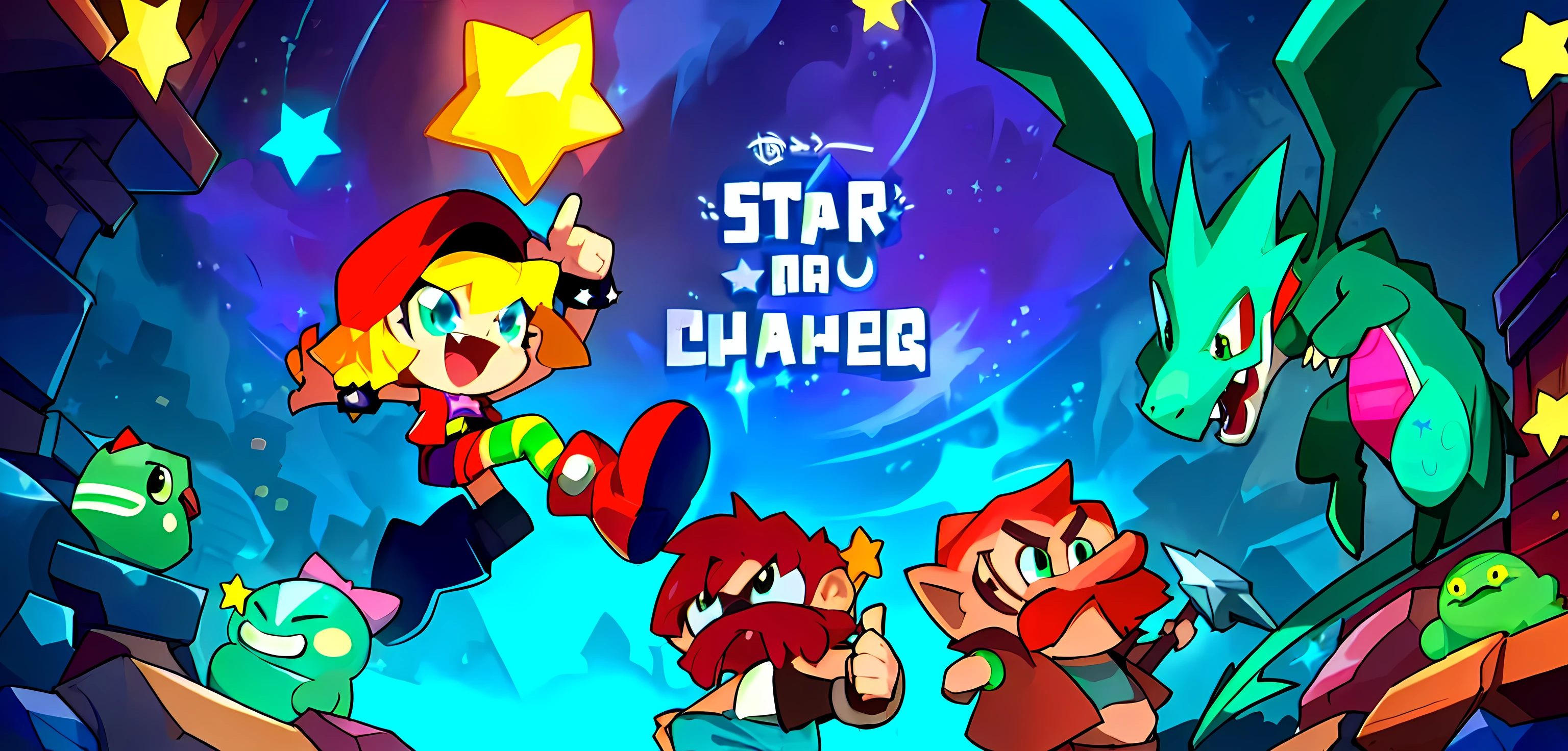 a close up of a cartoon character with a Star on his head, Star, Star hatcheries, Key Art, splash art brawlStars, Propaganda Art, box art, Side-scrolling games, Star , Star sharpness, The cover of a new video game, 2 d game, 2D game fanart, Propaganda Art, official art, Splash Art