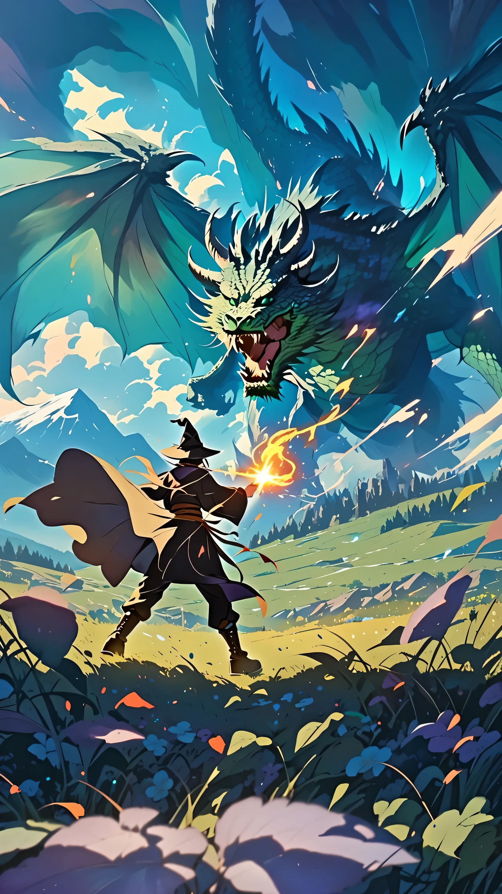 An adolescent wizard, clad in tattered robes, fiercely casting spells at a colossal dragon amidst a grassy battlefield with rolling valleys and majestic mountains looming in the background. Dynamic action, epic showdown, intense lighting, cinematic angle, vibrant colors.