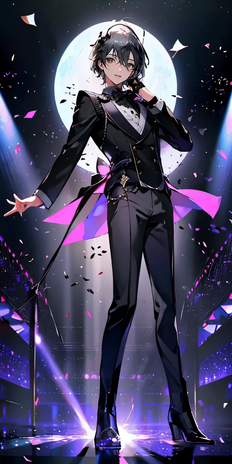 (Mastepiece), (Best Quality), Very detailed, ((1 boy)), Perfect Face, Beautiful Face, Very detailedな顔，((Gray Hair_short hair_Black eyes:1.3))，Full body photography、Male solo idol、Gorgeous idol costumes、Cape、boots、(pants:1.2)、Hold the microphone、Concert Dome、Lots of confetti、(smile:1.4)、(Open your mouth wide)、sing、dance、Wink、Laser light、Spotlight