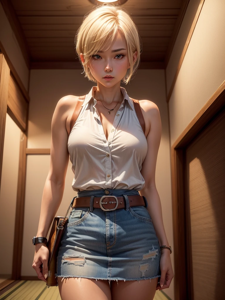 ((One woman, 27 years old)),(( alone:1.5)),Blonde Short Hair,((watch:1.2)),White sleeveless collared shirt,(Denim mini skirt:1.2,Brown belt:1.2),((Drinking beer:1.2)),Alluring face:1.6, Perfect light, 8k, masterpiece:1.2, Very detailed, Realistic:1.37, Full HD, Background of Japanese-style room at night,Cowboy shot from the front,Are standing