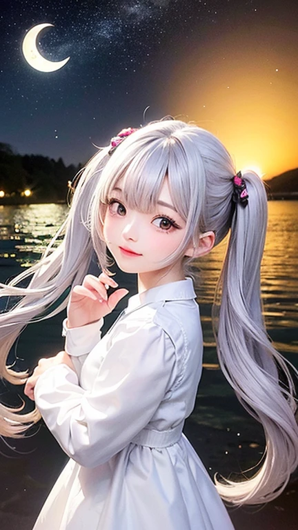 (highest quality, masterpiece), One girl, Twin tails、Pause, particle, Wind, flower, Upper Body, Simple Background, View your viewers, , Milky Way,smile、（Silver Long Hair）、cute、Twin taililky way、Crescent Moon