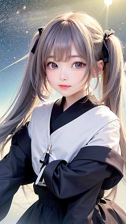 (highest quality, masterpiece), One girl, Twin tails、Pause, particle, Wind, flower, Upper Body, Simple Background, View your viewers, , Milky Way,smile、(Silver Long Hair)、cute、Twin taililky way、Crescent Moon