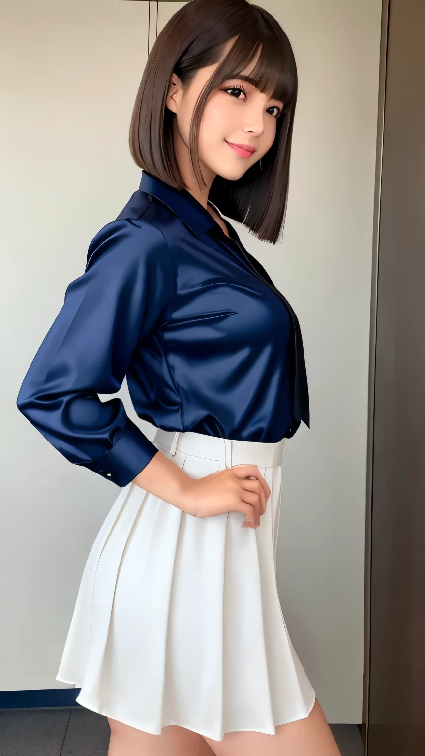 Product quality, One girl, Pretty huge,Upper Body Shot, Front view, Young and pretty girl in Japan, Long Bob Hair, Smiling and leaning forward in the high school locker room, Attractive person, Wearing a shiny satin long-sleeved shirt with a white collar, Wearing a plain dark blue satin tie, She is wearing a dark blue pleated long skirt, Super cute face, Glossy Lips, Double eyelids on both eyes, Natural Makeup, Long eyelashes, shiny smooth light brown Long Bob Hair, Asymmetrical bangs, Sunburned skin, Center image, High resolution, Attention to detail, Detailed hairstyle, Detailed face, Spectacular movie lighting, Octane Rendering, Vibrant, Ultra-realistic, Perfect limbs, Perfect Anatomy