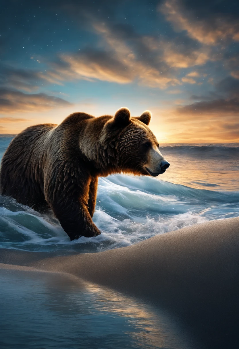 (best quality,highres:1.2),ultra-detailed,realistic:1.37,starlit sky,ocean-themed background,giant bear emerging from the sea,richly detailed image,biticoin-inspired artwork,striking colors,vivid oceanic tones,meticulously rendered fur,innovative digital painting techniques,impressive lighting effects,beach silhouette in the distance, intricate ripple patterns on the water surface,awe-inspiring composition,endless depth of the vast ocean