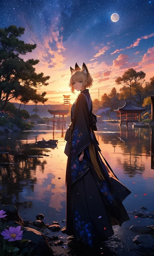 １people々々々々々々々々々々々々々々々々々々々,Woman with medium length blonde hair，Fox Ears，Long coat，Takageta， Dress Silhouette， Rear View，Space Sky, Flower Field，Colorful flowers，Dancing Petals，full moon，shrine，