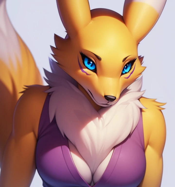 renamon, furry female, anthro, fox girl, portrait, close-up, fur trim, solo, (body fur:1.2), (best quality), simple white background, dramatic lighting, (detailed fluffy fur:1.1), serious,  