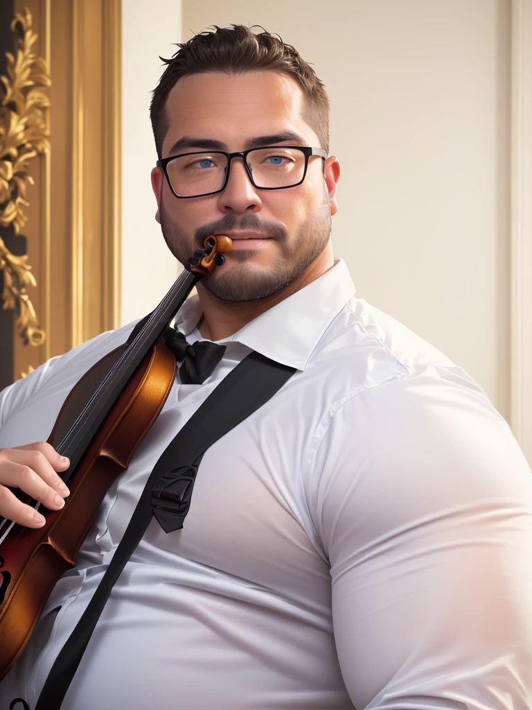 (40 years old daddy:1.1), 1boy, Solo, round face, beefy body, (big shoulders), big pecs, big pectorals, stubbles, Short beard, Beautiful eyes:1.3, (Detailed face:1.3), wearing glasses, Dynamic Angle, volumetric lighting, (Best quality, A high resolution, Photorealistic), Cinematic lighting, Masterpiece, RAW photo, stock photo, Intricate details, hdr, depth of field, there is a man that is playing a violin in a room, man with white shirt playing violin,