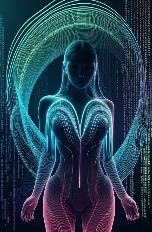 Half Body. high quality, 8K Ultra HD,woman,The body is surrounded by a series of blue binary codes, Curved lines and patterns, Weaving together,Creating a fusion of technology and art, Background with binary code, Hues range from electric blue to bright green,