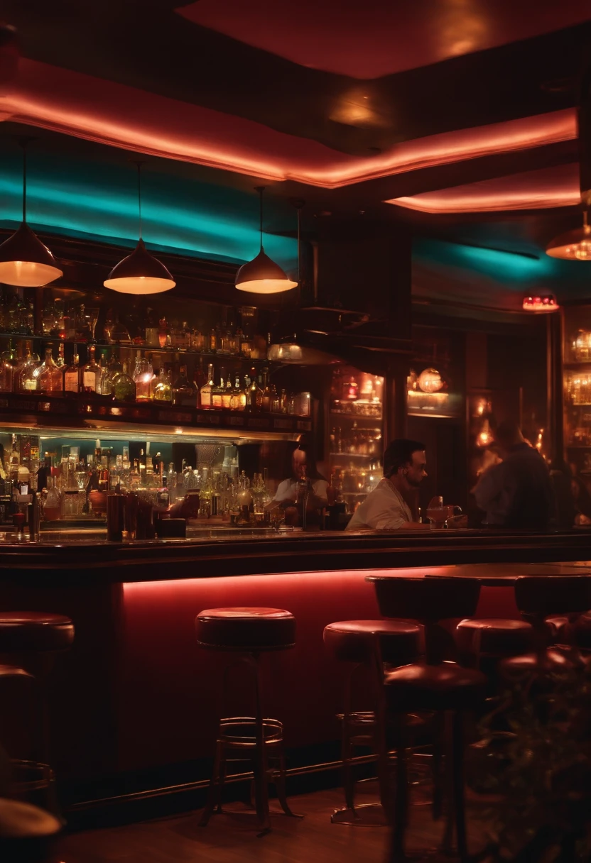 a 80s jazz bar at night with warm light, people and a barkeeper