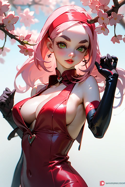 young woman, white skin, long bubblegum pink hair, red headband, wide forehead, pink eyebrows, big emerald green eyes, buttoned nose, thick red lips, heart shaped face, leather red dress, great detail, Sakura Haruno, realistic, realism 3d black gloves