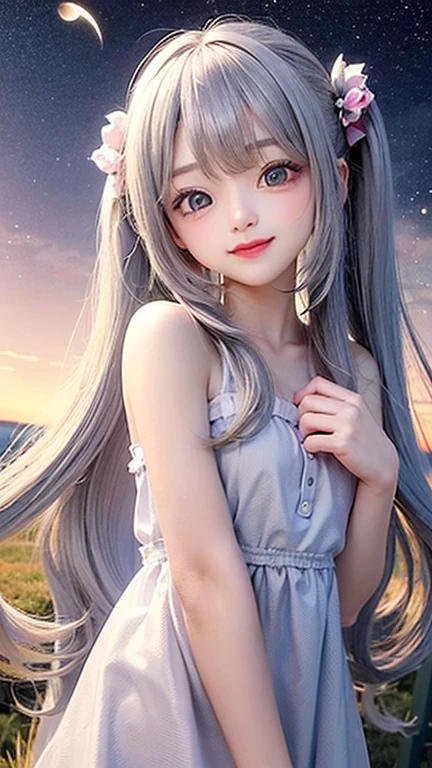 (highest quality, masterpiece), One girl, Twin tails、Pause, particle, Wind, flower, Upper Body, Simple Background, View your viewers, , Milky Way,smile、(Silver Long Hair)、cute、Twin taililky way、Crescent Moon