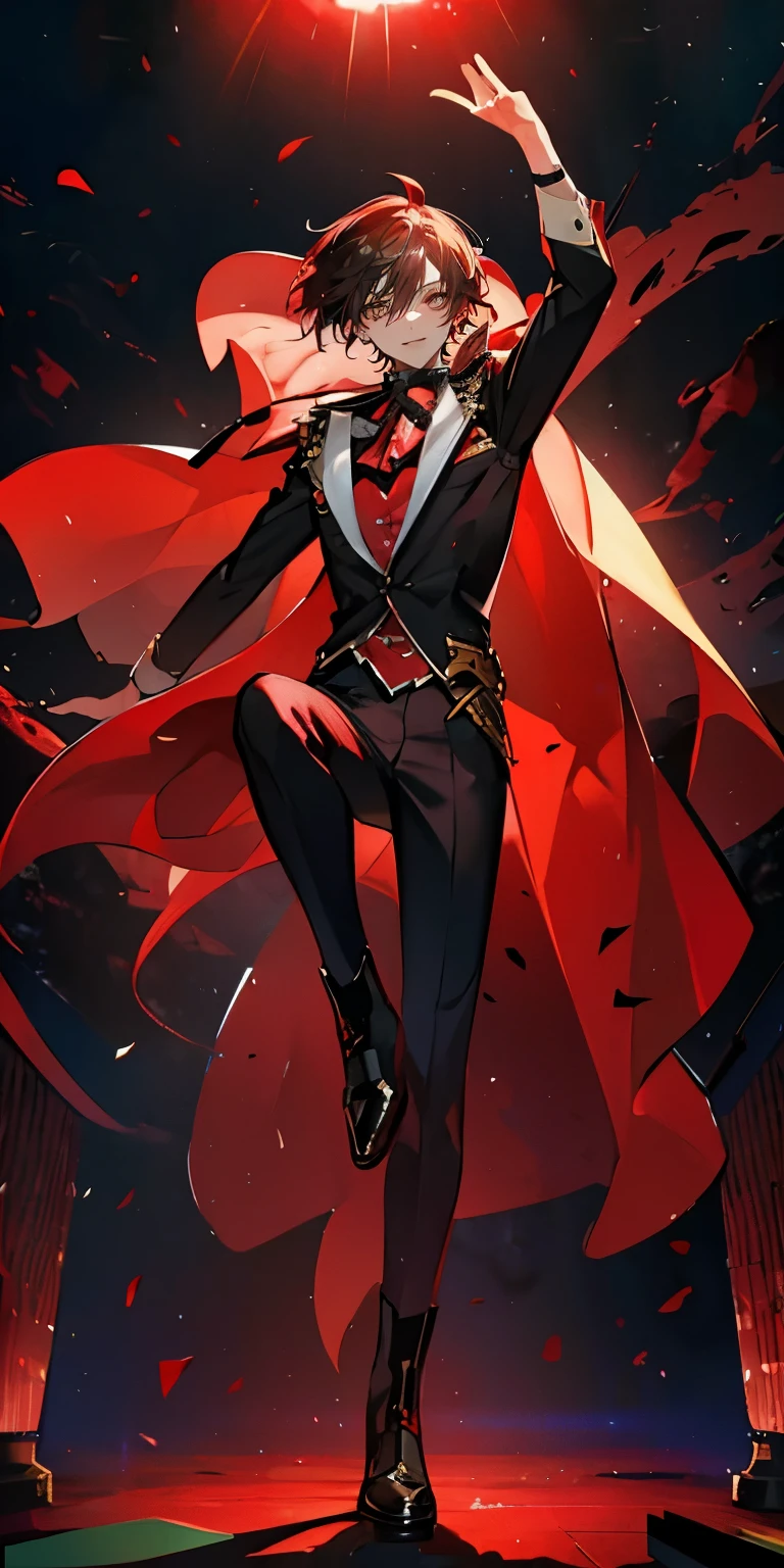 (Mastepiece), (Best Quality), Very detailed, ((1 boy)), Perfect Face, Beautiful Face, Very detailedな顔,((Red hair_short hair_Red eyes:1.3)),Full body photography、Male solo idol、Gorgeous idol costumes、Cape、boots、(pants:1.2)、Hold the microphone、Concert Dome、Lots of confetti、(smile:1.4)、(Open your mouth wide)、sing、dance、Wink、Laser light、Spotlight