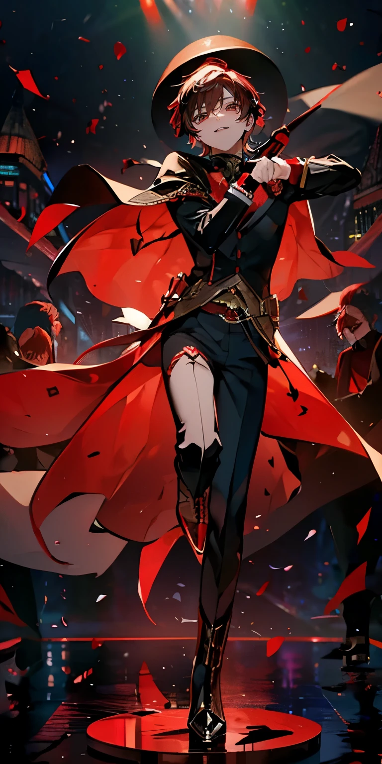 (Mastepiece), (Best Quality), Very detailed, ((1 boy)), Perfect Face, Beautiful Face, Very detailedな顔,((Red hair_short hair_Red eyes:1.3)),Full body photography、Male solo idol、Gorgeous idol costumes、Cape、boots、(pants:1.2)、Hold the microphone、Concert Dome、Lots of confetti、(smile:1.4)、(Open your mouth wide)、sing、dance、Wink、Laser light、Spotlight