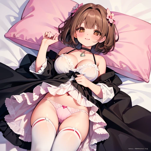 Beautiful large breasts, Brown Hair, Brown eyes, Wavy Short Hair, bangs, blush,  bright, smile, White ruffle dress,  , Round 1, choker, rock, 18-year-old, Charmed, Droopy eyes, Cute Hair Accessories,  White tights, Thick thighs, bed, Pink Cardigan, Pink Panties, Lie, pillow, Stuffed dog, Gothic Lolita, Top View,Very large breasts,((undressing)),show off breasts