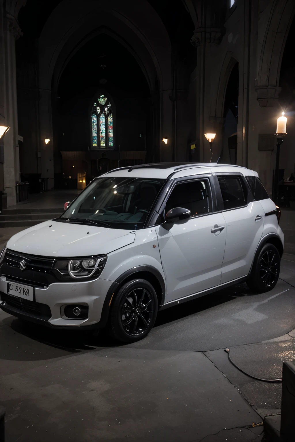 Suzuki ignis car parked inside of an old big gothic styled church which have a black background and the car must have a glossy black colour and the candle lights inside the church must reflect in the car body and the view of car must be facing the altar