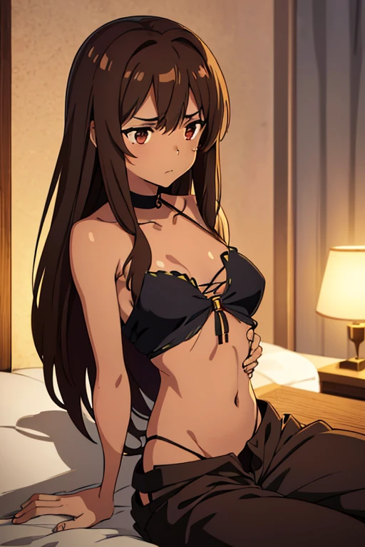 ((best quality)), ((masterpiece)), (detailed), perfect face, brown skin anime girl in a deep V-neck tied top (bare shoulders), (harem pants), (long hair), starving, (resting hands on the stomach), (hands on the stomach), (skinny girl), (embarrassed expression)