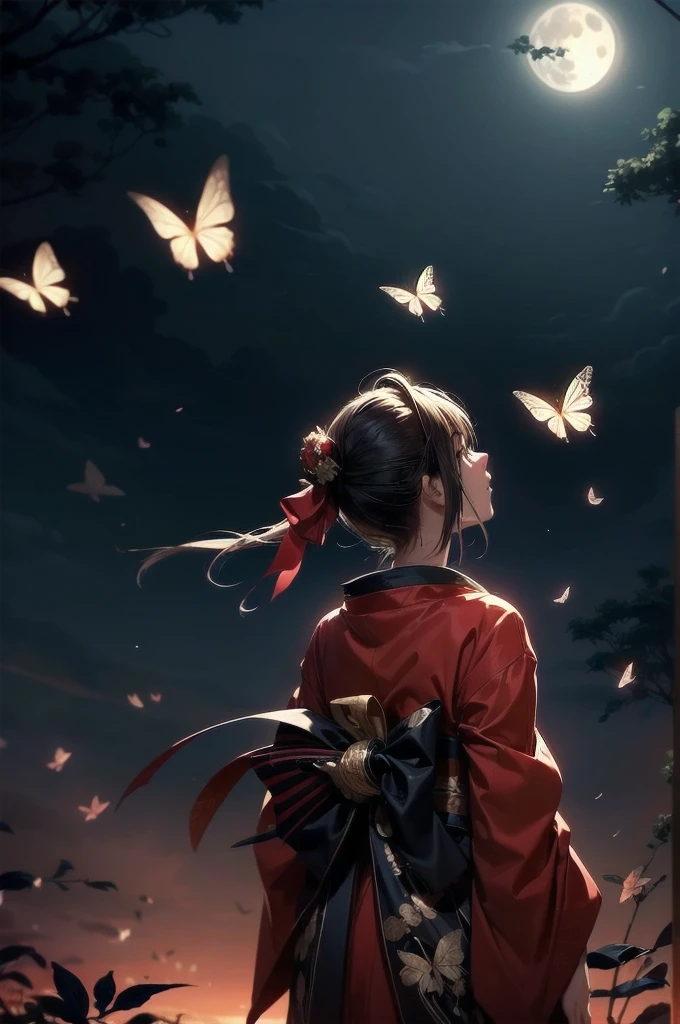 1 girl, Wide Shot, standing in front of bloody full-moon,front, From below , red kimono, swarm of butterflies on the background,High resolution,(Unbelievably absurd),Anime Visual,Highly detailed CG Unity 8k wallpaper, ((masterpiece)), ((highest quality)), (Beautiful illustrations), ((Very delicate and beautiful))