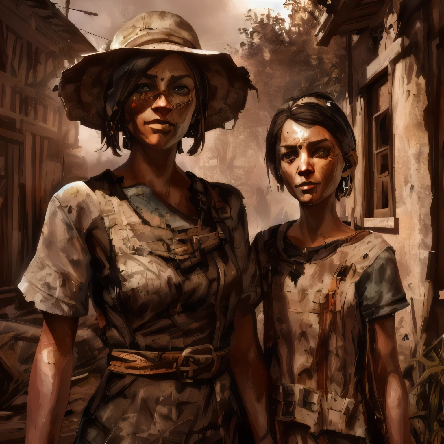 A 50-year-old woman in farm clothes and a thin 12-year-old girl in a tattered dress. Dishonored style, Disco Elysium character, art style by Cédric Peyravernay Mayan realistic, realistic clothes, realistic clothes, highly detailed character, skin scattered underground, highly detailed clothes, small character. Unreal 5 engine, female character, wonderful designer substance, realistic skin color, Mayan 8 mil, realistic 3D character, highly detailed face, no ugly face,
