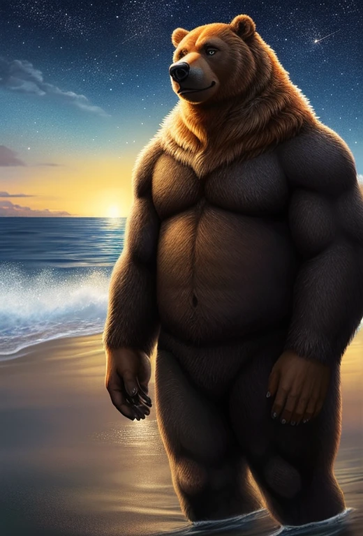 A captivating and ultra-realistic image of a urso andando do mar, or a bear walking by the sea, under the starlit sky. The bear's coat shines with natural textures and fur details, creating a lifelike impression. The background reminisces of a vast ocean, with waves gently crashing against the shore and the stars twinkling above. The tranquility of the scene is enhanced by the imagem rica em detalhes, or rich in details, representation of the bear and its surroundings. As a bonus, the Bitcoin logo subtly embedded in the bottom corner adds a modern touch to this beautiful artwork.