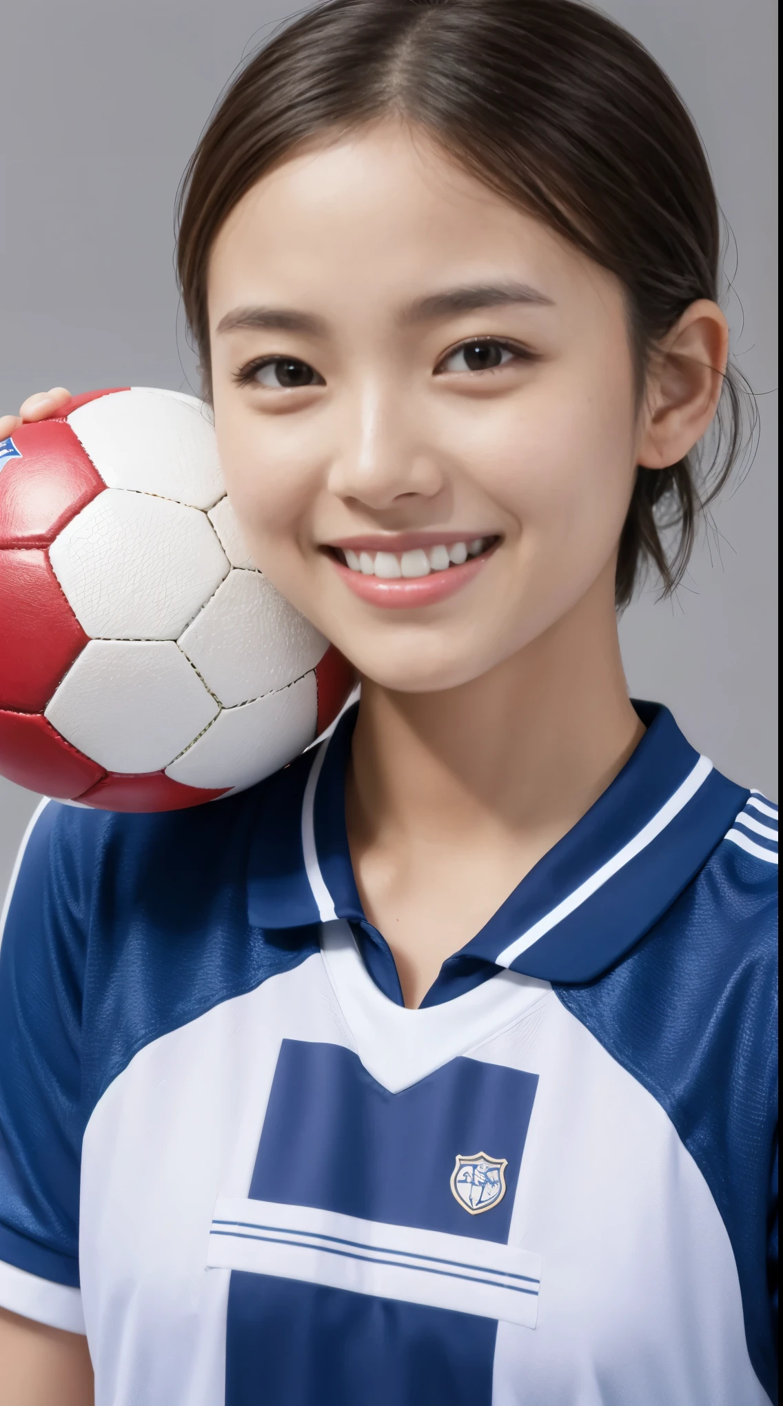 (Gray background:1.5, Close-up shot:1), (Realistic:1.4), (highest quality:1.0), (Ultra-high resolution:1.0), 8k, RAW Photos, (masterpiece:0.2), One girl, Beautiful Skin, Detailed skin, Big smile, teeth, (short hair:1), (Soccer uniforms:1.2)