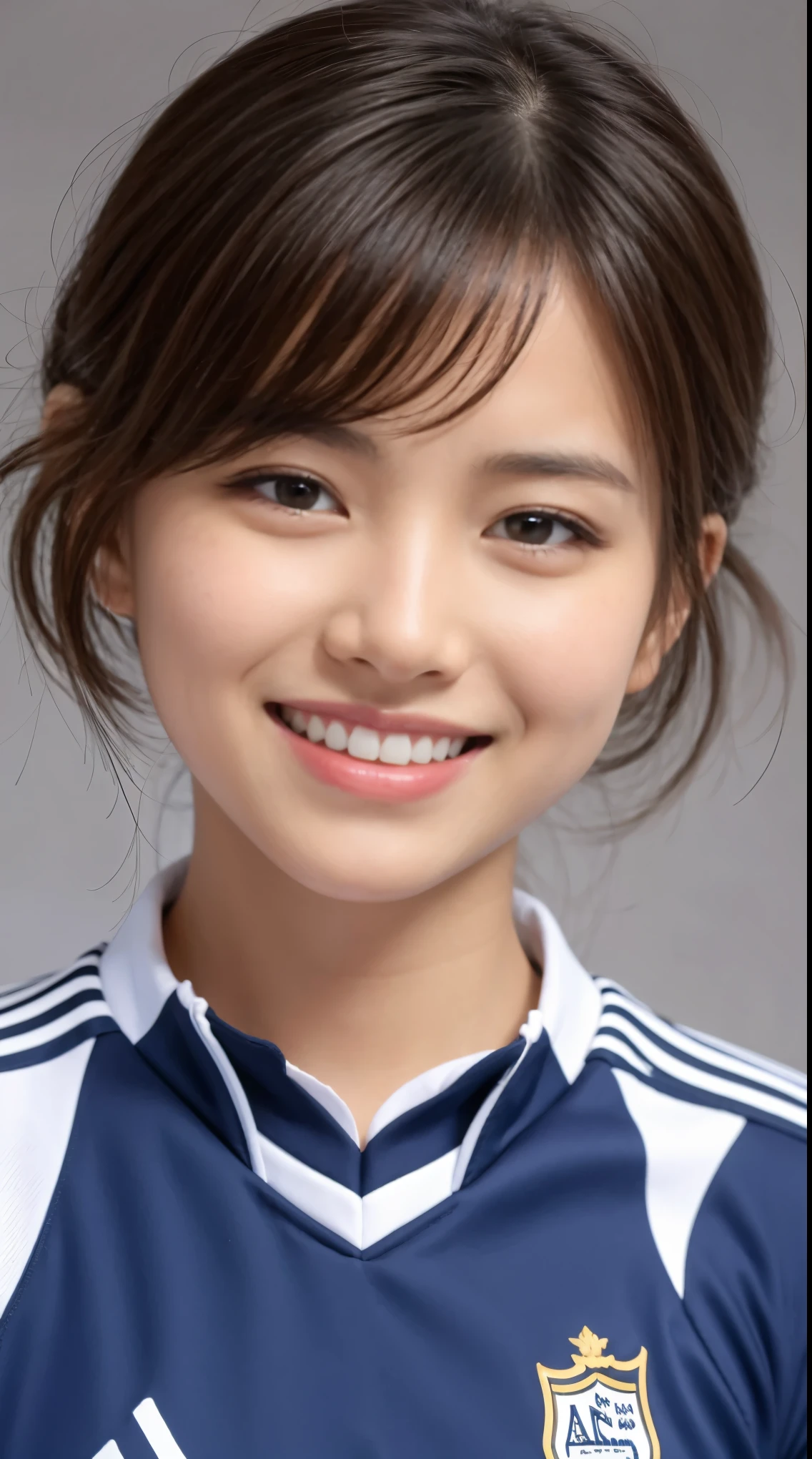 (Gray background:1.5, Close-up shot:1), (Realistic:1.4), (highest quality:1.0), (Ultra-high resolution:1.0), 8k, RAW Photos, (masterpiece:0.2), One girl, Beautiful Skin, Detailed skin, Big smile, teeth, (short hair:1), (Soccer uniforms:1.2)
