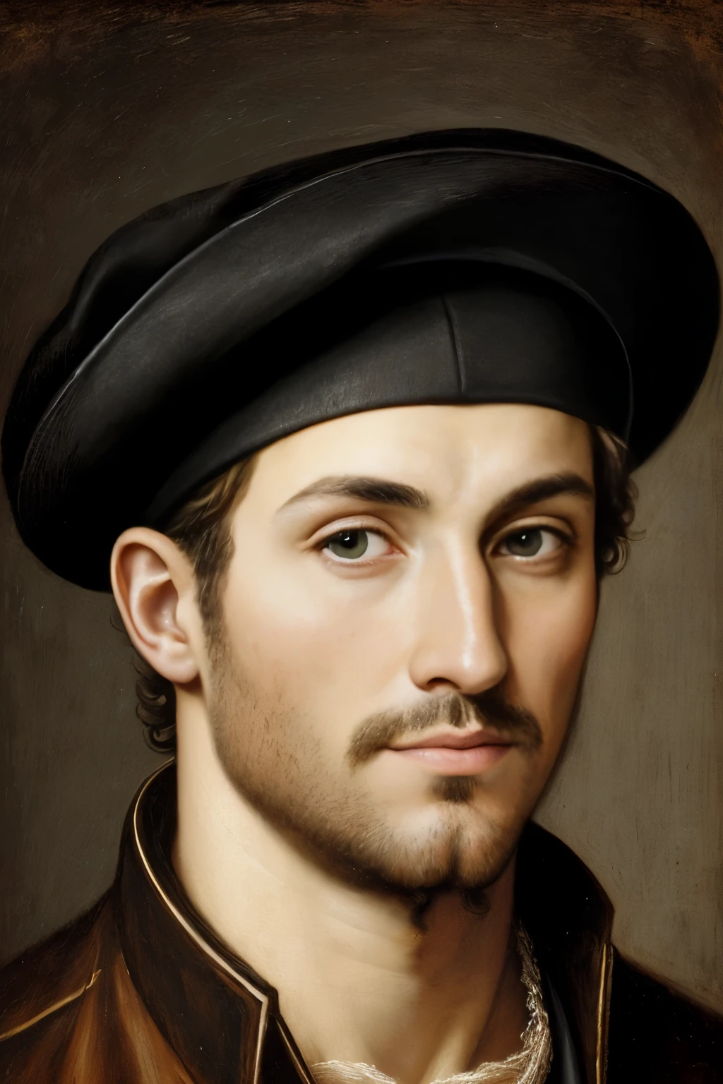 A painting of a man, ((fully clothed)), ((holding a guitar with a worn-out strap)), ((in the style of the Renaissance)): a masterpiece from the CG Society. The man's ((rugged featuring lines)) face is ((portrait photorealistic)), with a ((bandana covering his forehead)) and a ((thoughtful expression)).He is captured in a moment of ((musical inspiration)).
Another painting, ((sensual and alluring)), presents a young Italian male, ((wearing a black beret tipping towards one side)). The portrait radiates ((realistic restored face)), showcasing the ((jawline sharpness)) and the