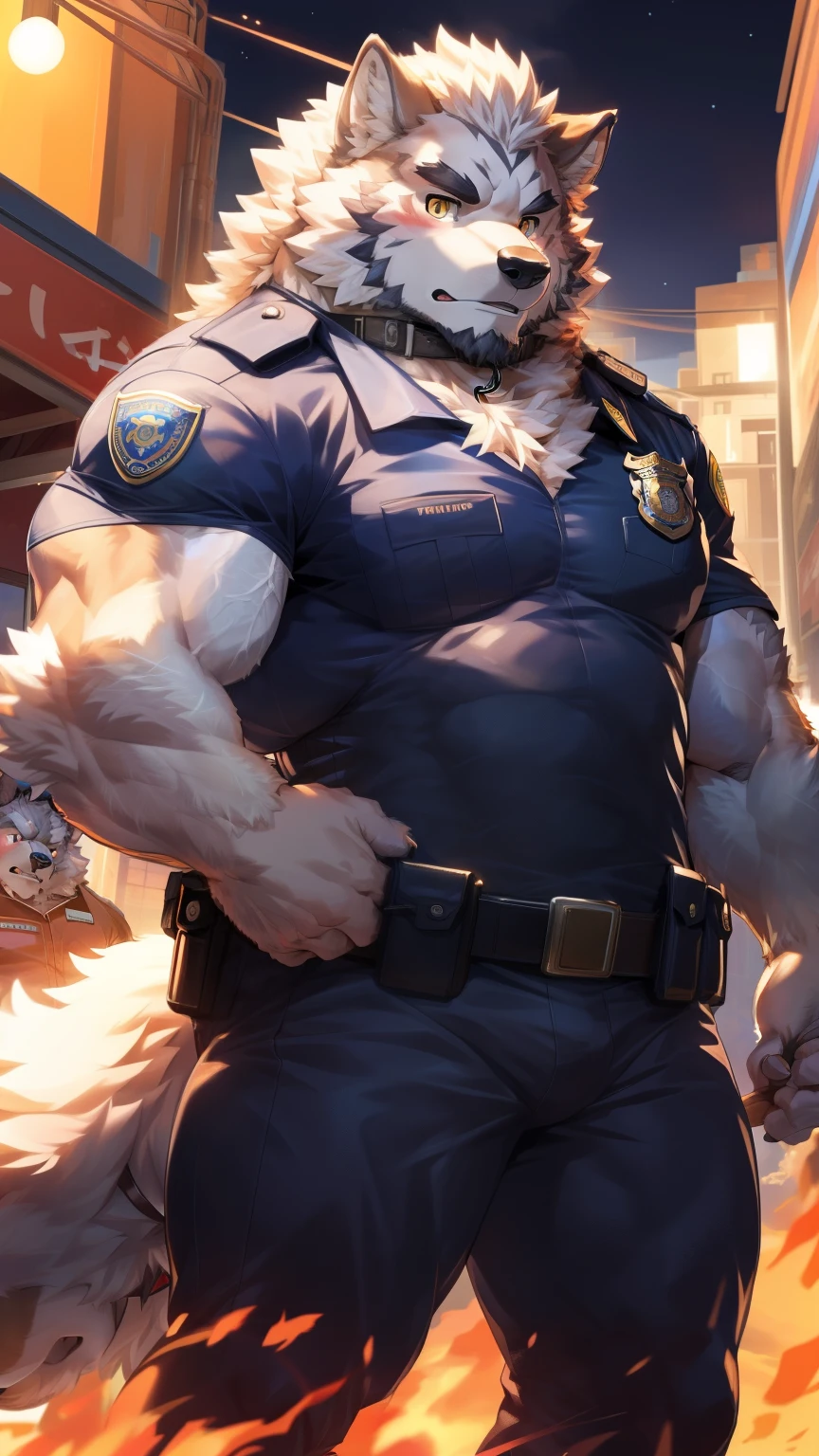 Solitary, anthropology, hairy, hairy male, Wolf, ((Fluffy fur, Fluffy, hairy body)), (Wolf印), (short beard), youth, Gray body, muscular, White, Big muscles, Golden pupils, Tail, deTailed teeth, deTailed face, Fundos,(Black tight police uniform), (The collar is open)，Black leggings, Raise a hand，Point ahead, 很Serious站在街角, deTailed Fluffy fur, deTailed face, Look at the audience, majestic, barbarous, Serious, Blushing, Strong, Futuristic city streets, Front view, (through empty ghost, From wolf26, masterpiece, high quality, high resolution,8k), permanent, Close-up portraits, outdoor, Dynamic poses, 